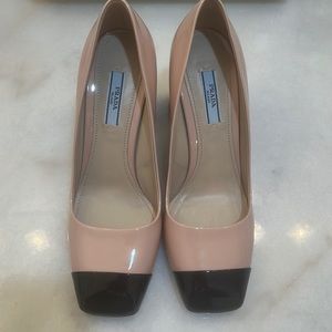 Prada, tan and black block heels
